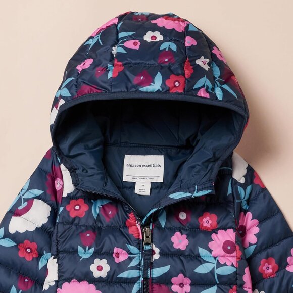 Girls Navy Floral Lightweight Water Resistant Hooded Puffer Jacket Winter Coat - Picture 4 of 7